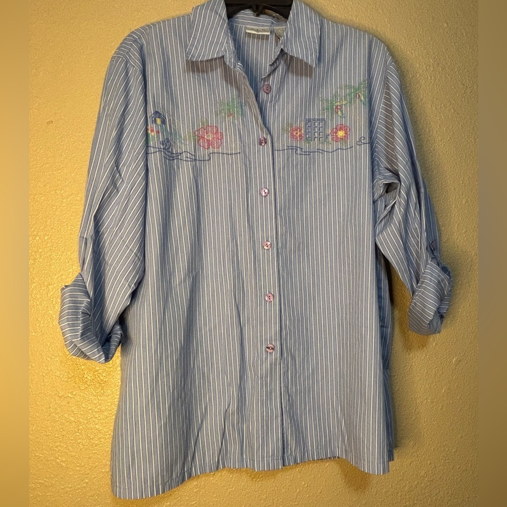 Striped Blue Blouse with Embroidered Floral Design